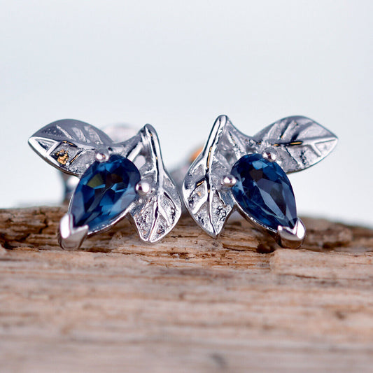London Blue Topaz Leaf Stud Earrings Sterling Silver Personalised Gift