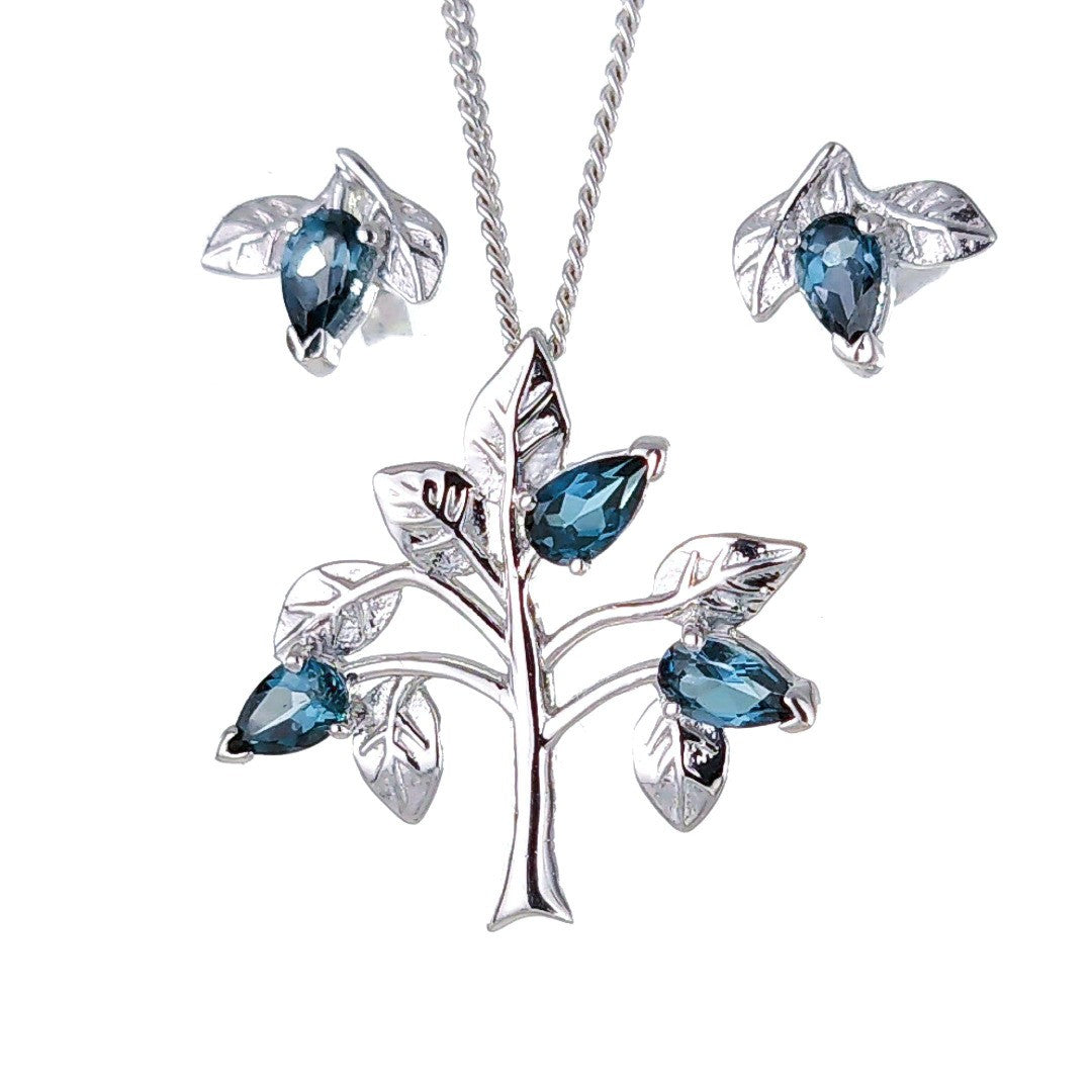 Topaz Necklace Earring Set 1.25ct Pear London Blue Tree of Life Leaves Sterling Silver