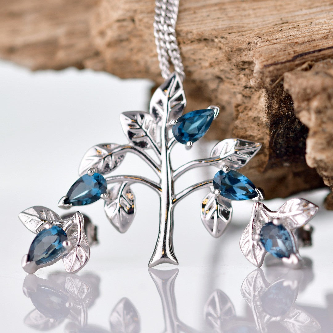 Topaz Necklace Earring Set 1.25ct Pear London Blue Tree of Life Leaves Sterling Silver
