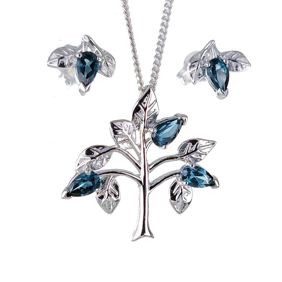 Topaz Necklace Earring Set 1.25ct Pear London Blue Tree of Life Leaves Sterling Silver