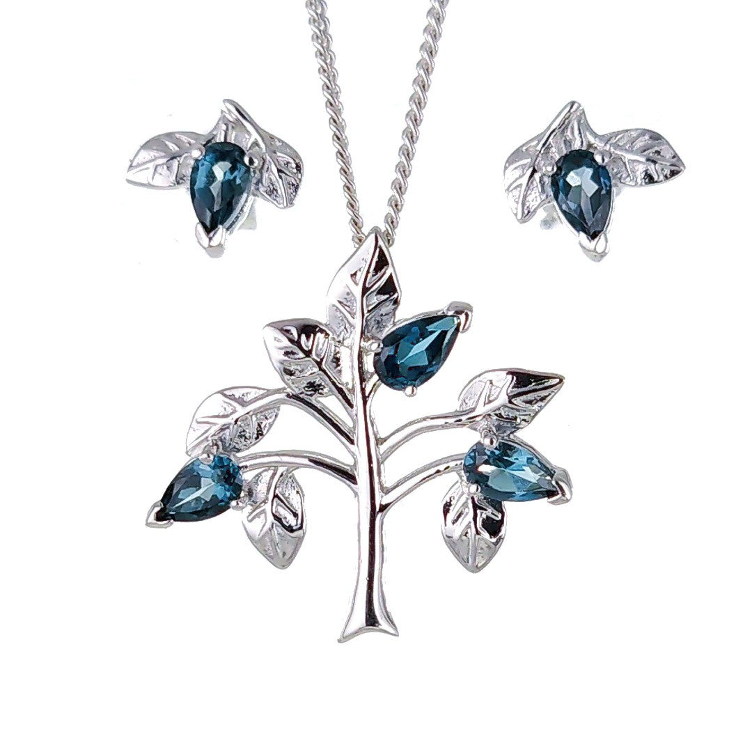 Topaz Necklace Earring Set 1.25ct Pear London Blue Tree of Life Leaves Sterling Silver