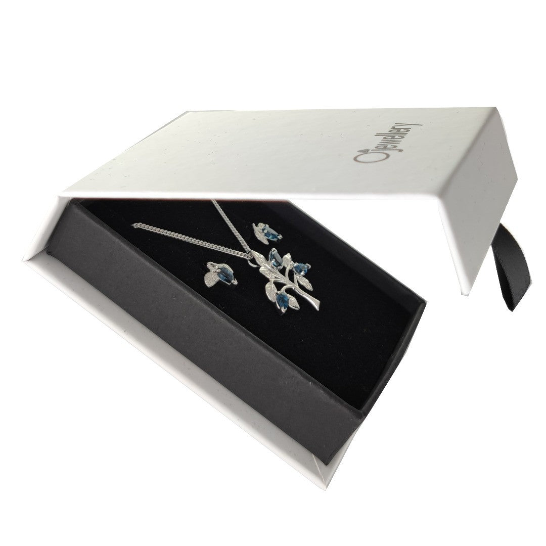 Topaz Necklace Earring Set 1.25ct Pear London Blue Tree of Life Leaves Sterling Silver