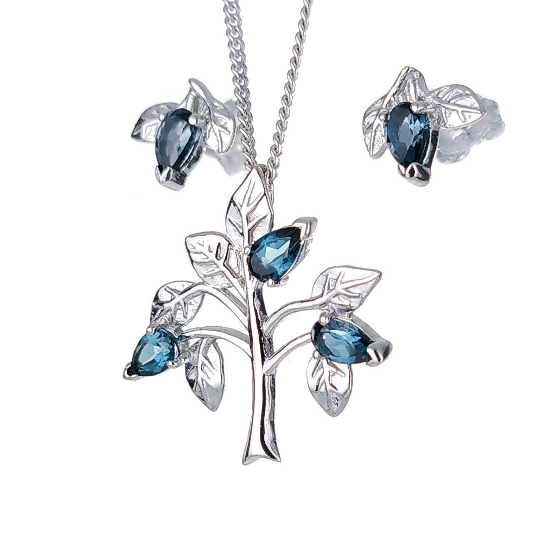 Topaz Necklace Earring Set 1.25ct Pear London Blue Tree of Life Leaves Sterling Silver