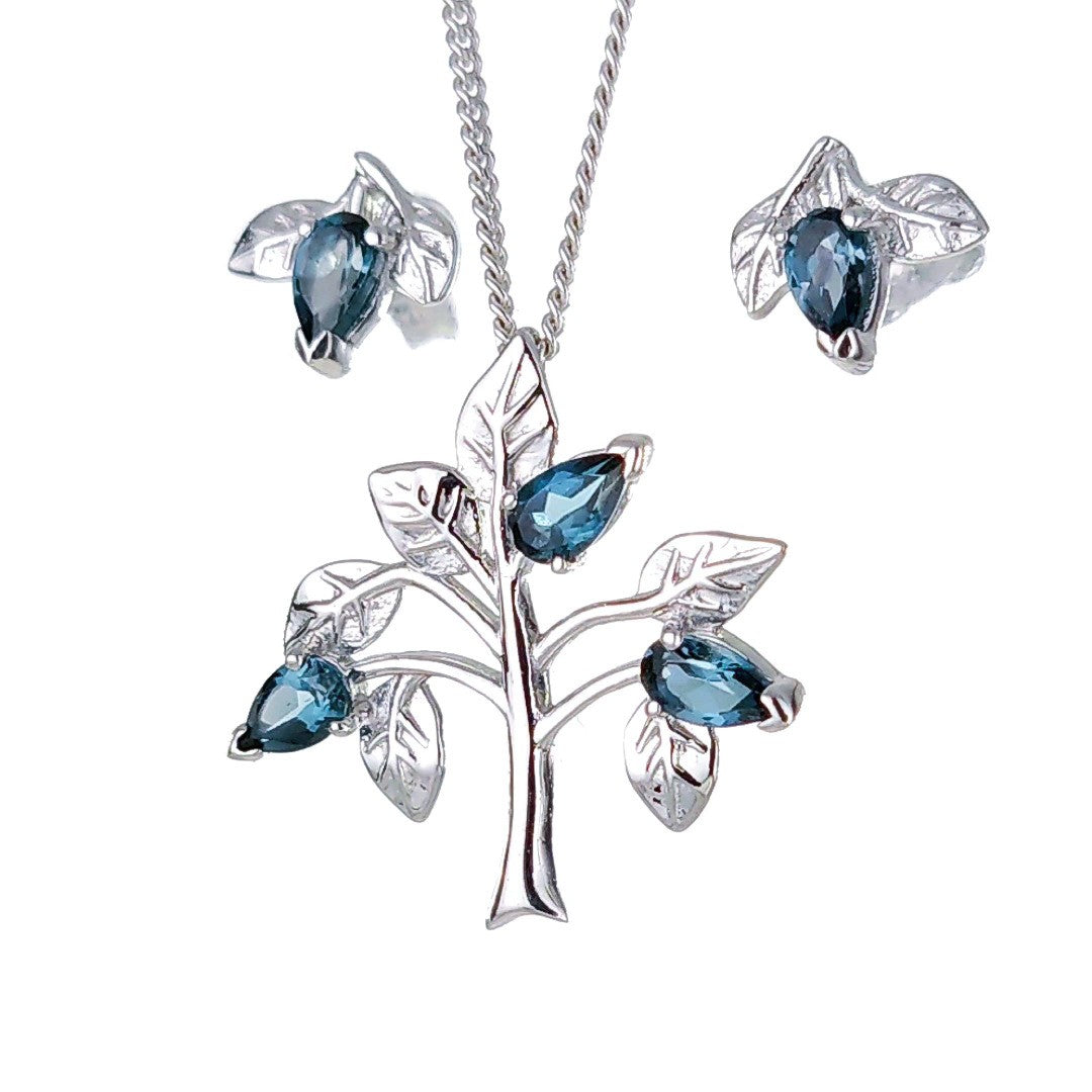 Topaz Necklace Earring Set 1.25ct Pear London Blue Tree of Life Leaves Sterling Silver