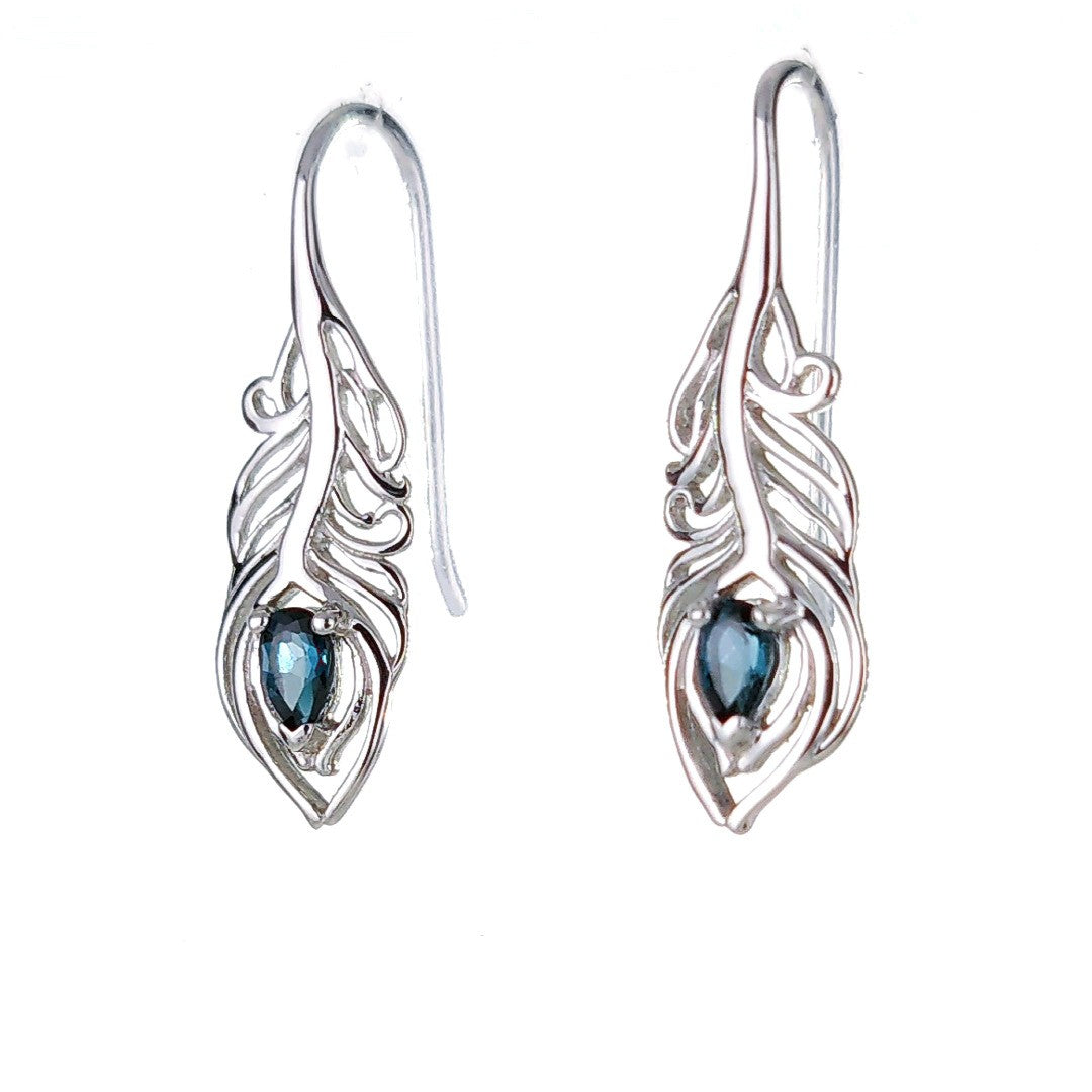 Peacock Feather Earrings Sterling Silver London Blue Topaz December Birthstone