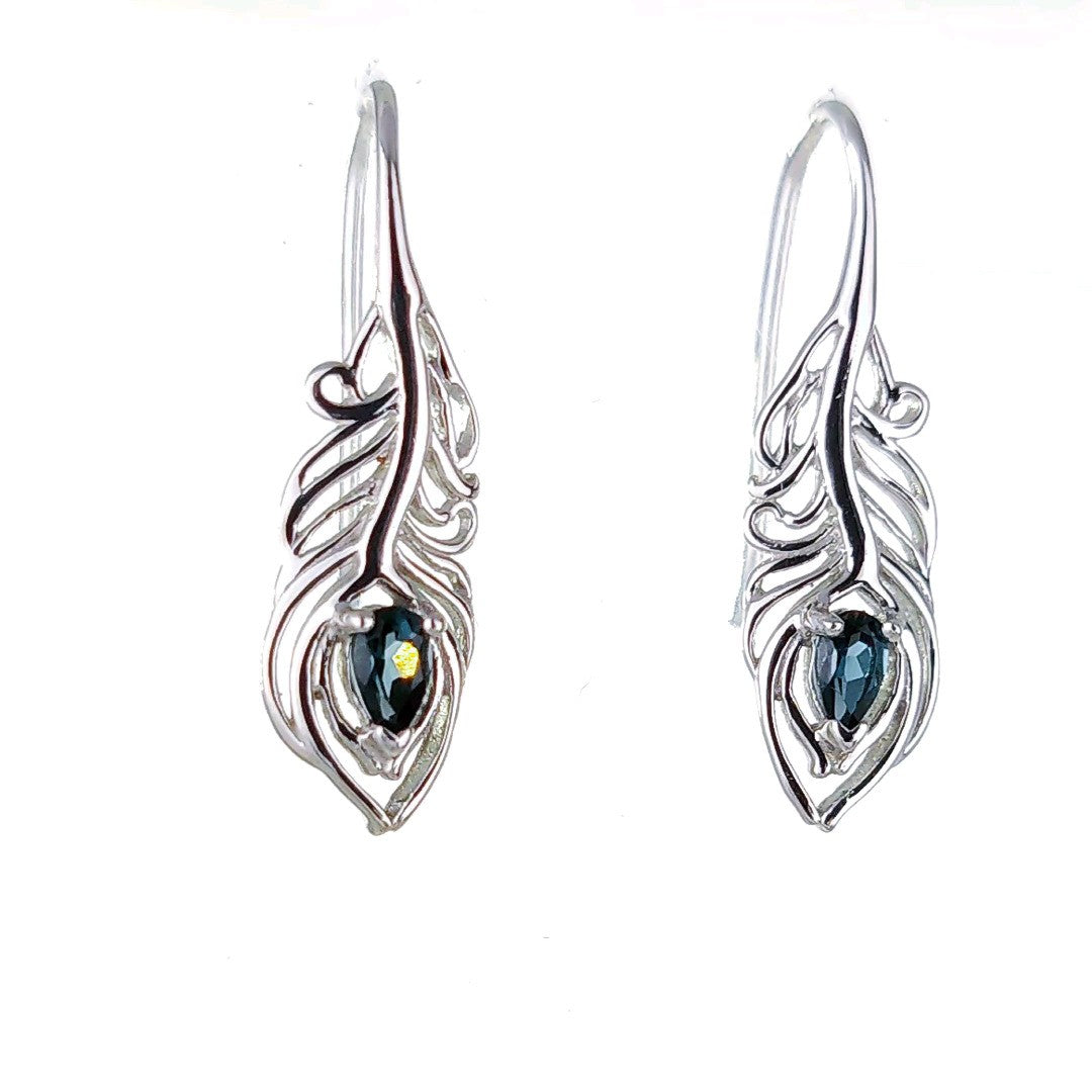 Peacock Feather Earrings Sterling Silver London Blue Topaz December Birthstone