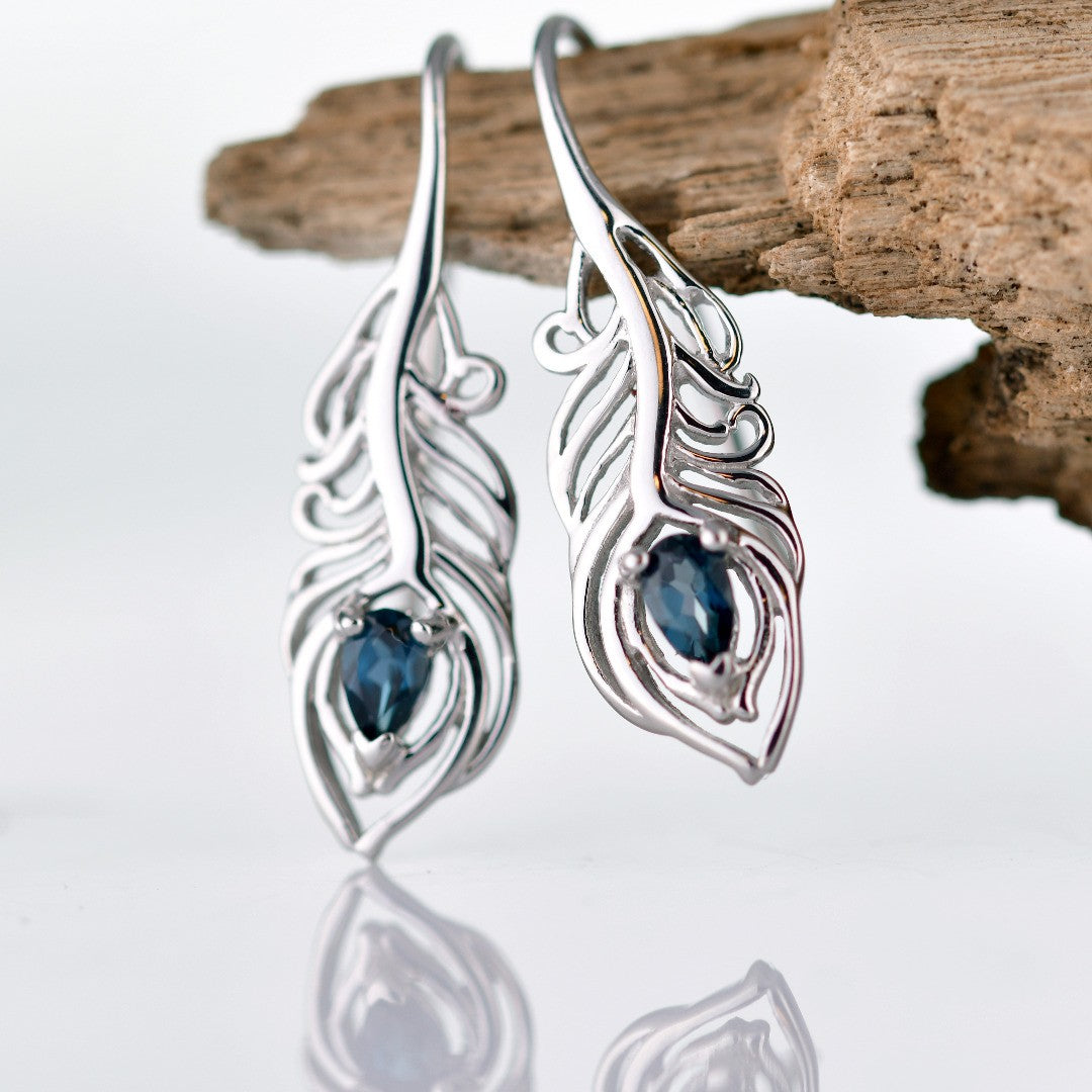 Peacock Feather Earrings Sterling Silver London Blue Topaz December Birthstone