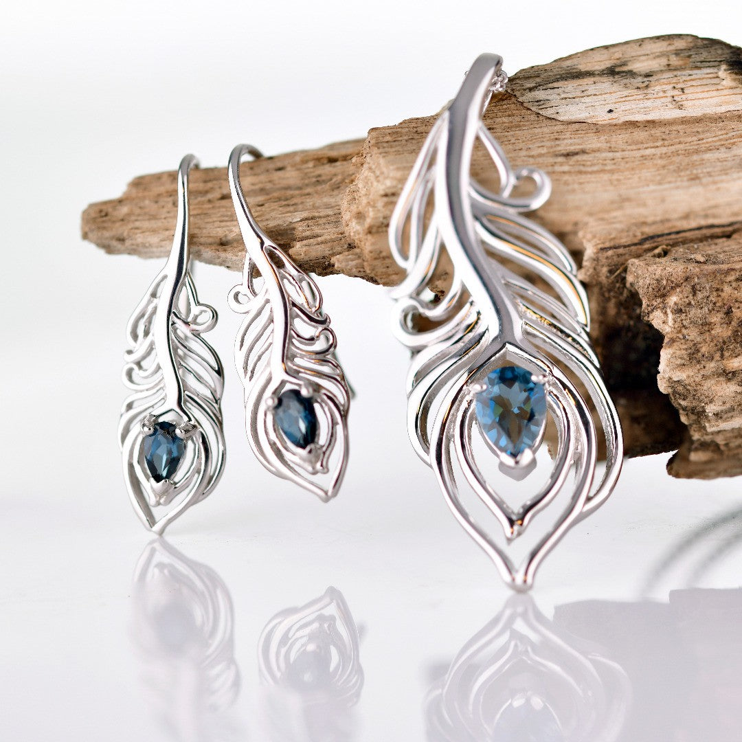 Peacock Feather Earrings Necklace Set London Blue Topaz December Birthday