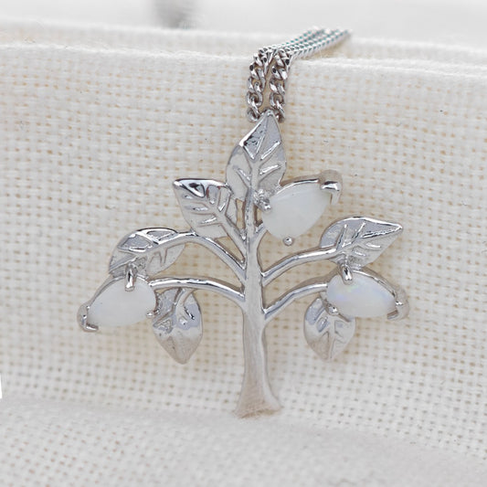 Opal Necklace Sterling Silver Tree of Life Pendant October Birthstone