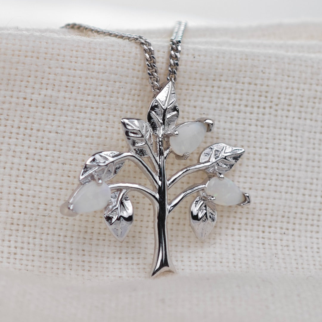 Opal Necklace Sterling Silver Tree of Life Pendant October Birthstone