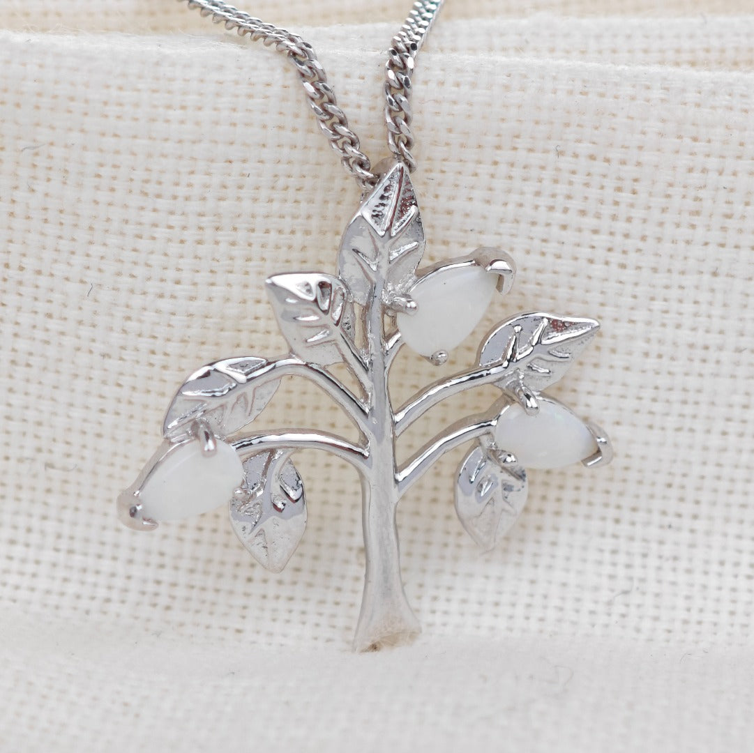Opal Necklace Sterling Silver Tree of Life Pendant October Birthstone
