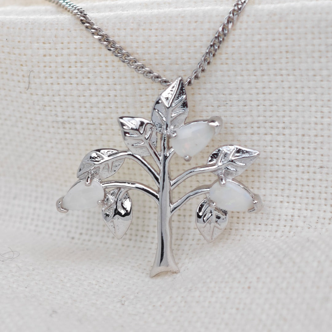 Opal Necklace Sterling Silver Tree of Life Pendant October Birthstone