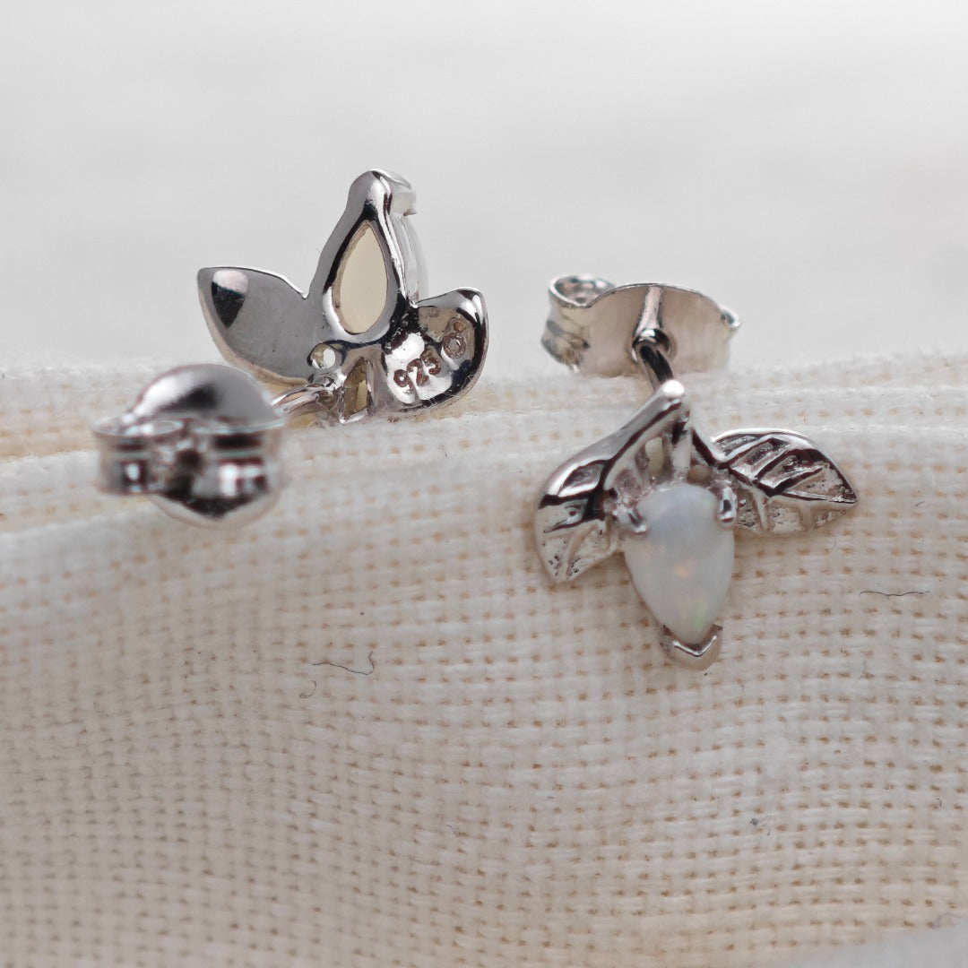 Opal Earrings Sterling Silver Leaf Studs October Birthstone