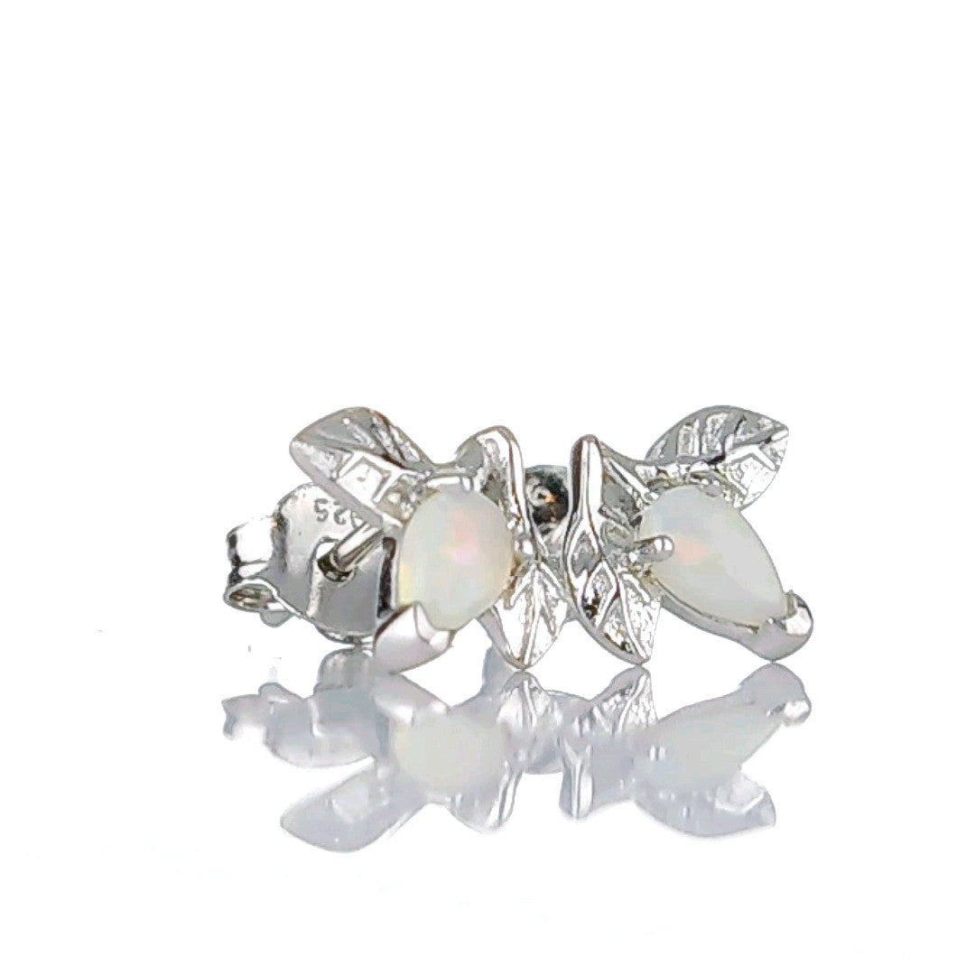 Opal Earrings Sterling Silver Leaf Studs October Birthstone