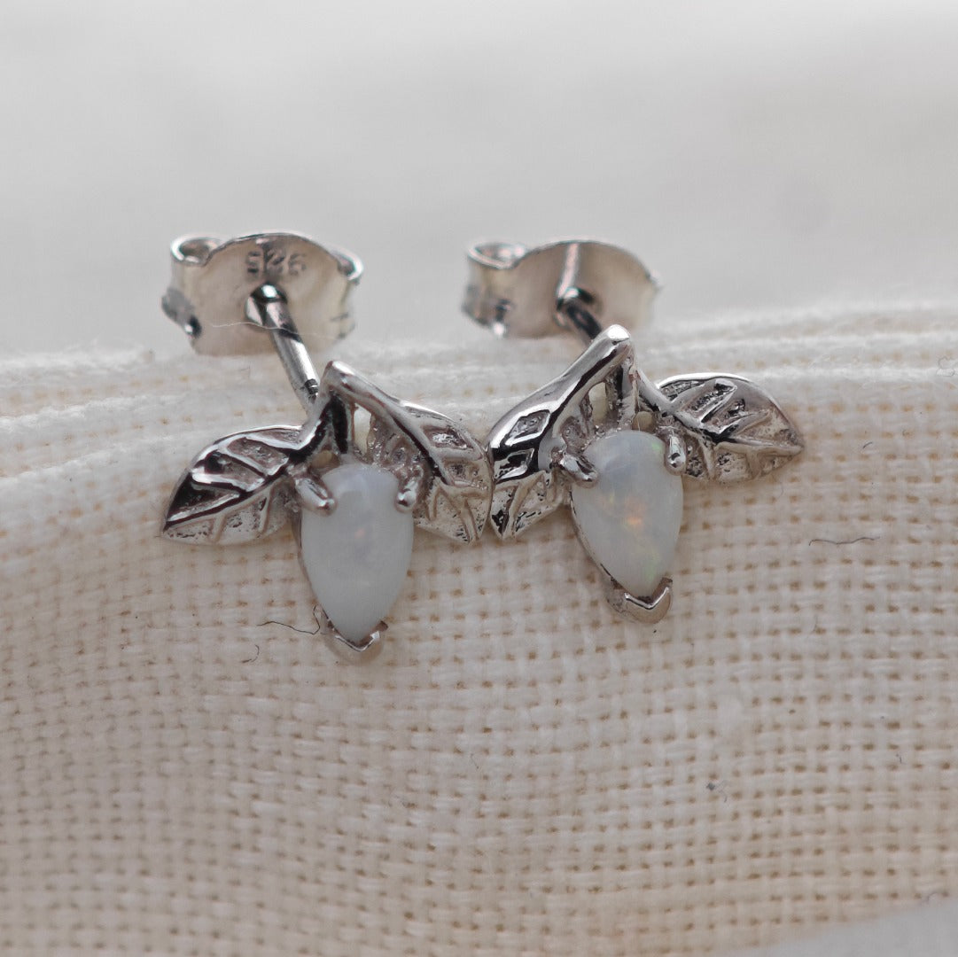 Opal Earrings Sterling Silver Leaf Studs October Birthstone