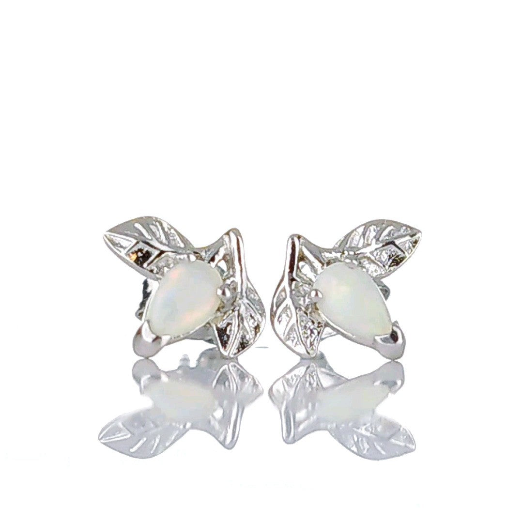 Opal Earrings Sterling Silver Leaf Studs October Birthstone