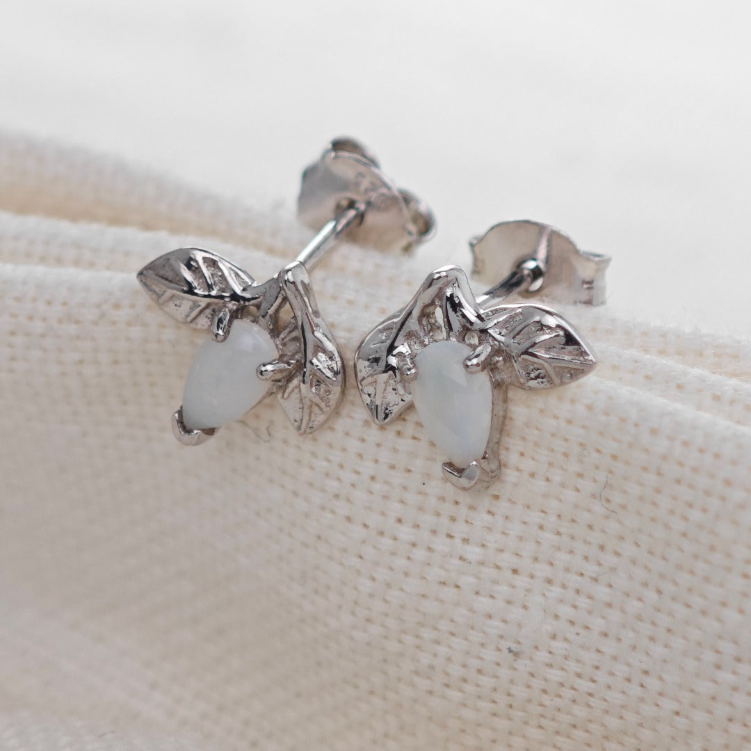 Opal Earrings Sterling Silver Leaf Studs October Birthstone