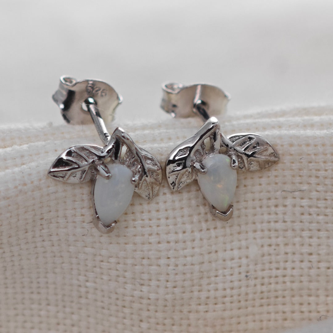 Opal Earrings Sterling Silver Leaf Studs October Birthstone