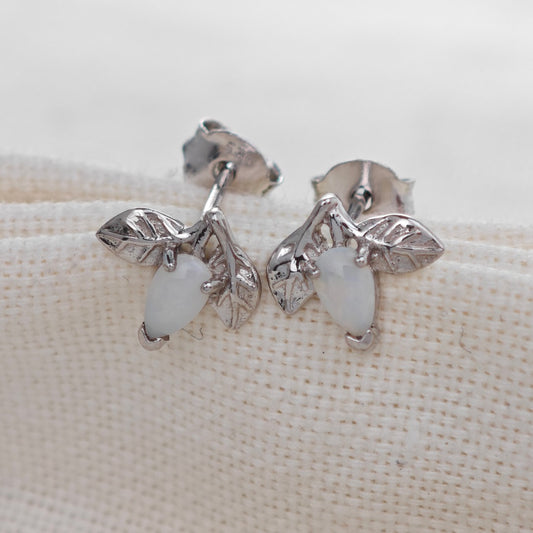 Opal Earrings Sterling Silver Leaf Studs October Birthstone