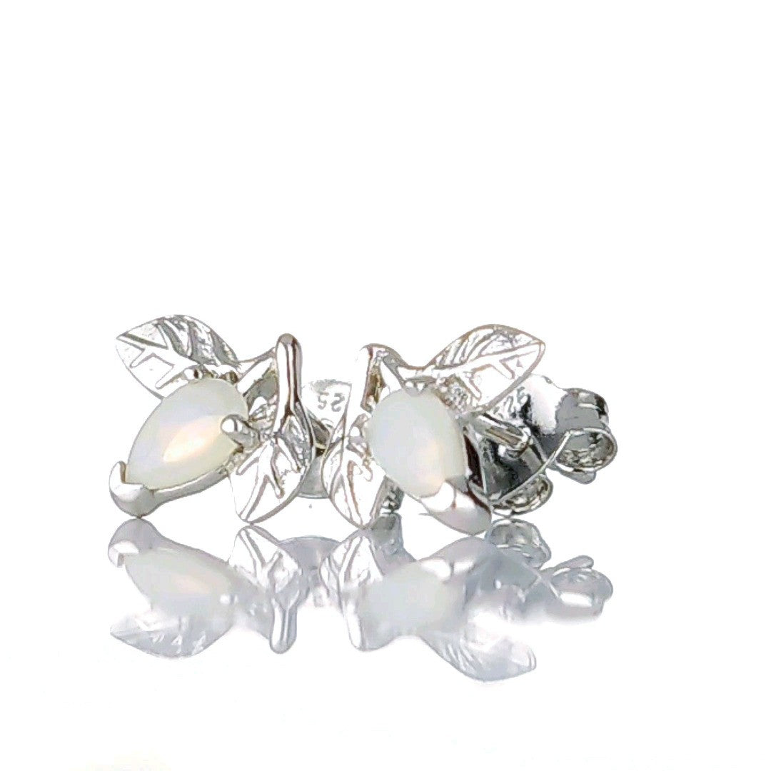 Opal Earrings Sterling Silver Leaf Studs October Birthstone