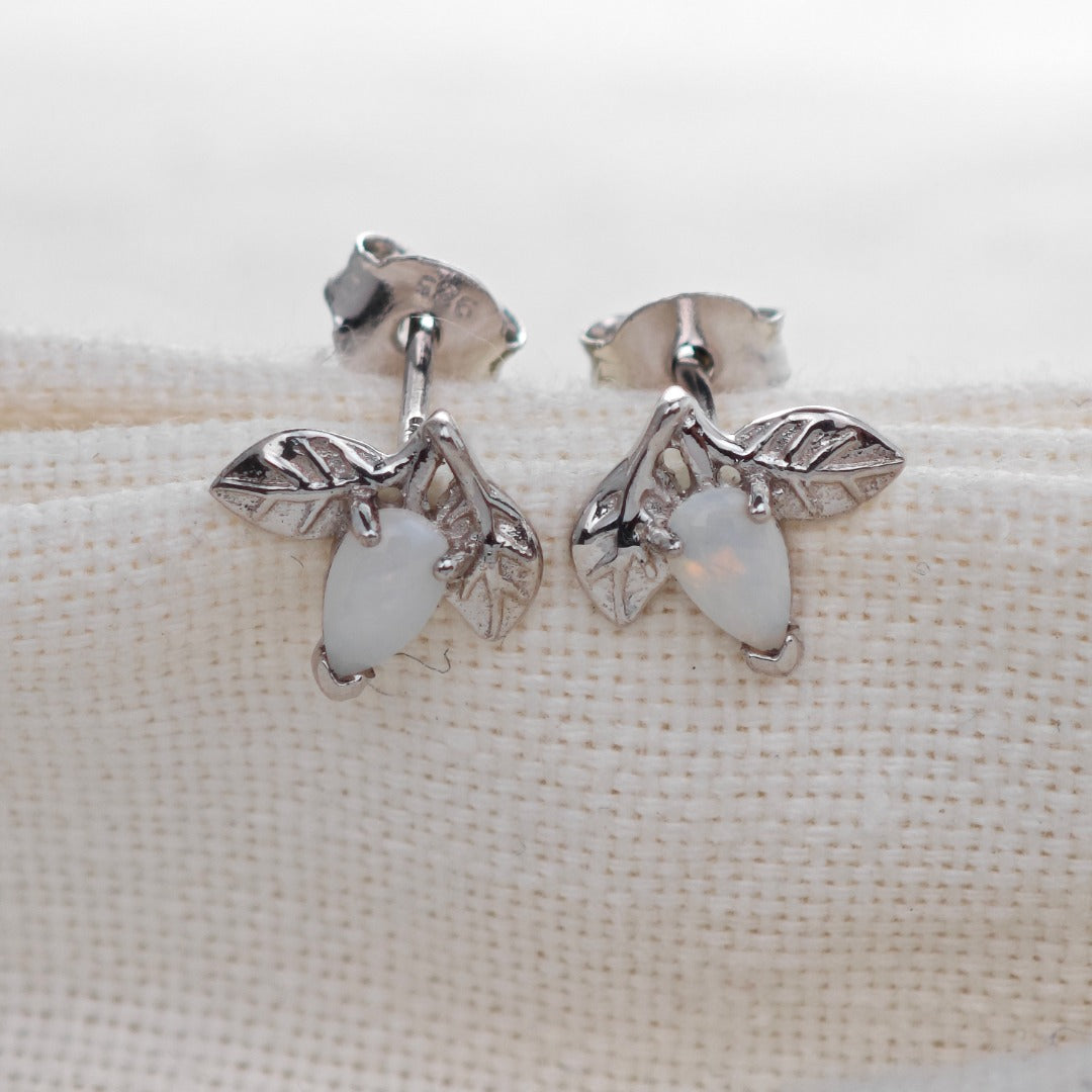 Opal Earrings Sterling Silver Leaf Studs October Birthstone