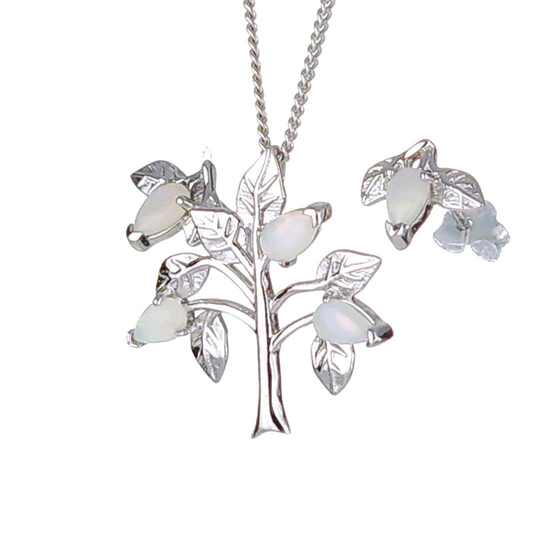 Opal Necklace Earring Set Sterling Silver Tree of Life Leaves October Birthstone