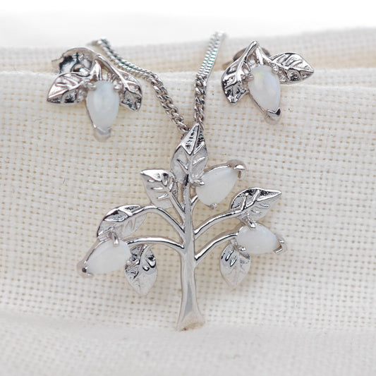Opal Necklace Earring Set Sterling Silver Tree of Life Leaves October Birthstone
