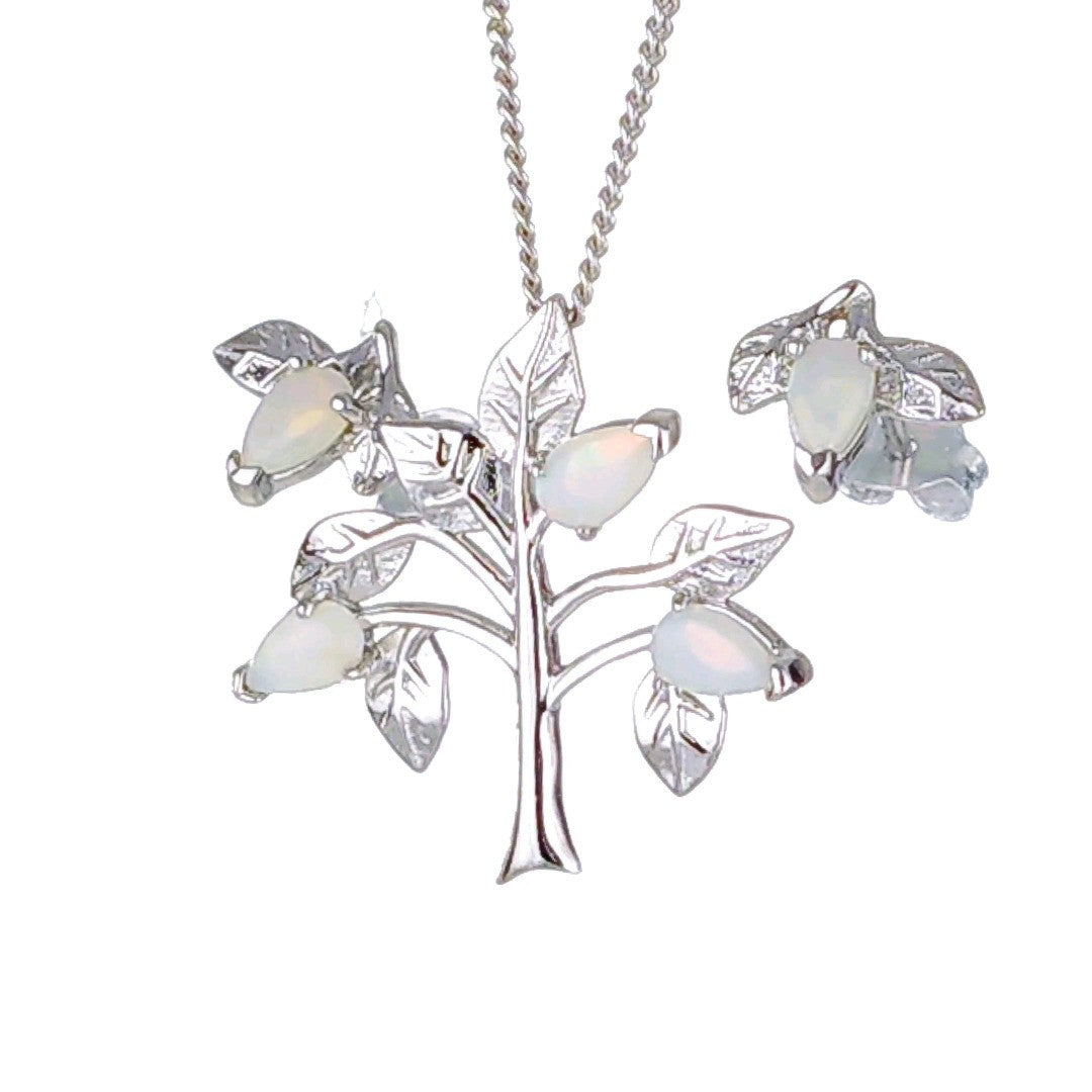 Opal Necklace Earring Set Sterling Silver Tree of Life Leaves October Birthstone