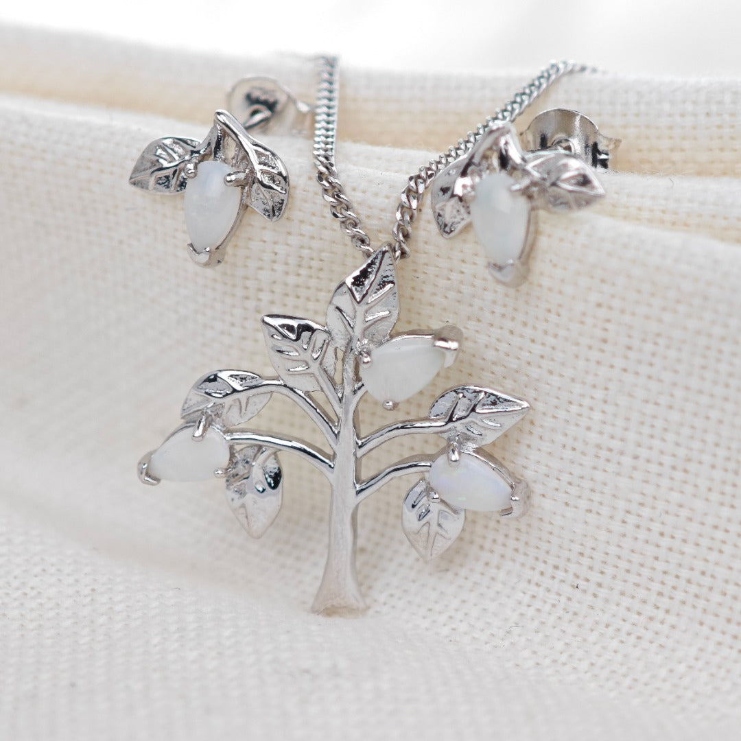 Opal Necklace Earring Set Sterling Silver Tree of Life Leaves October Birthstone
