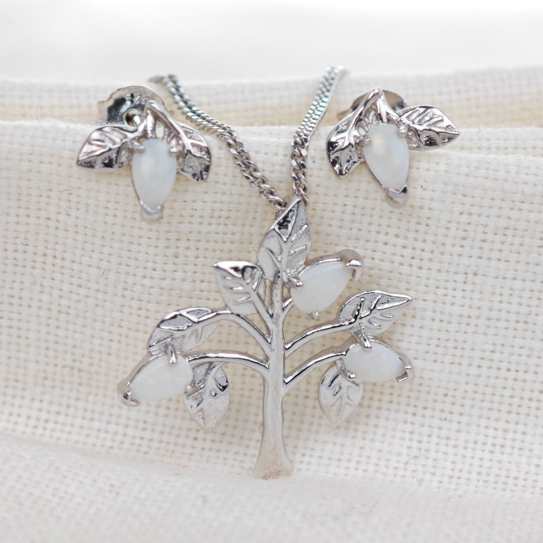 Opal Necklace Earring Set Sterling Silver Tree of Life Leaves October Birthstone