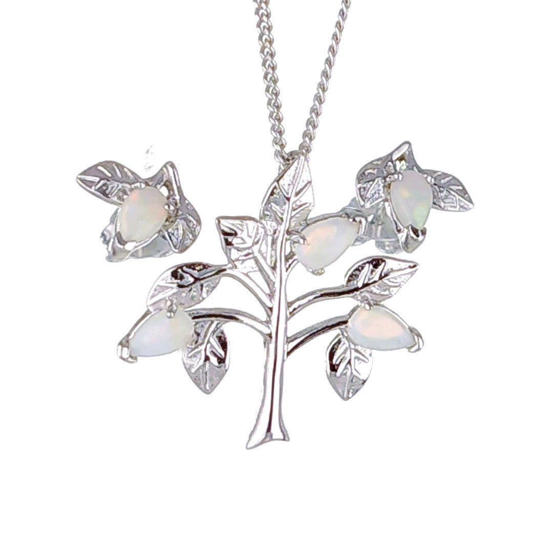 Opal Necklace Earring Set Sterling Silver Tree of Life Leaves October Birthstone