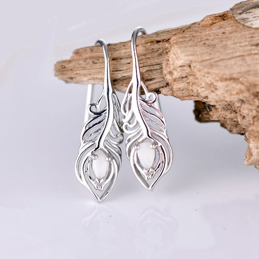 Sterling Silver Peacock Feather Dangle Earrings with Natural Australian White Opal