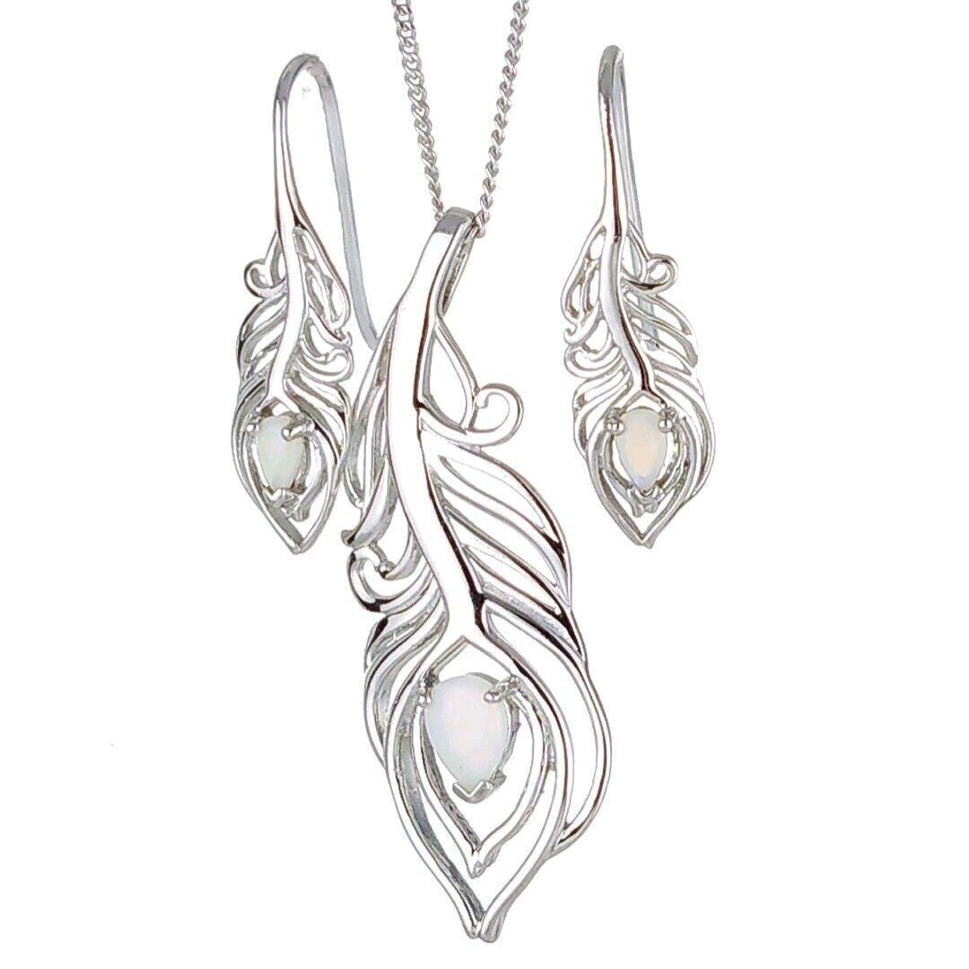 Opal Peacock Feather Jewellery Set in Sterling Silver