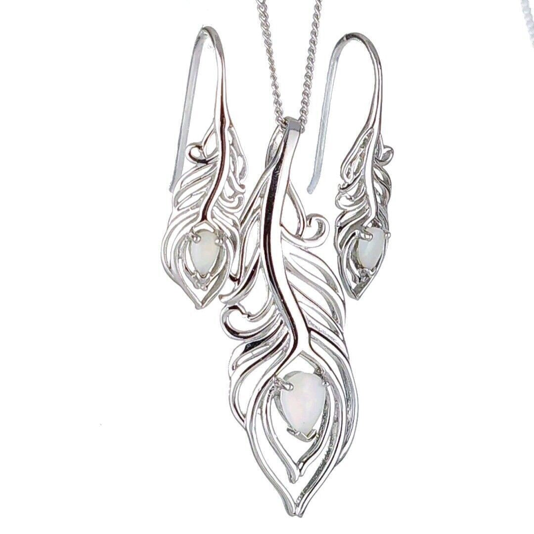 Feather Opal Necklace and Matching Opal Earrings Set