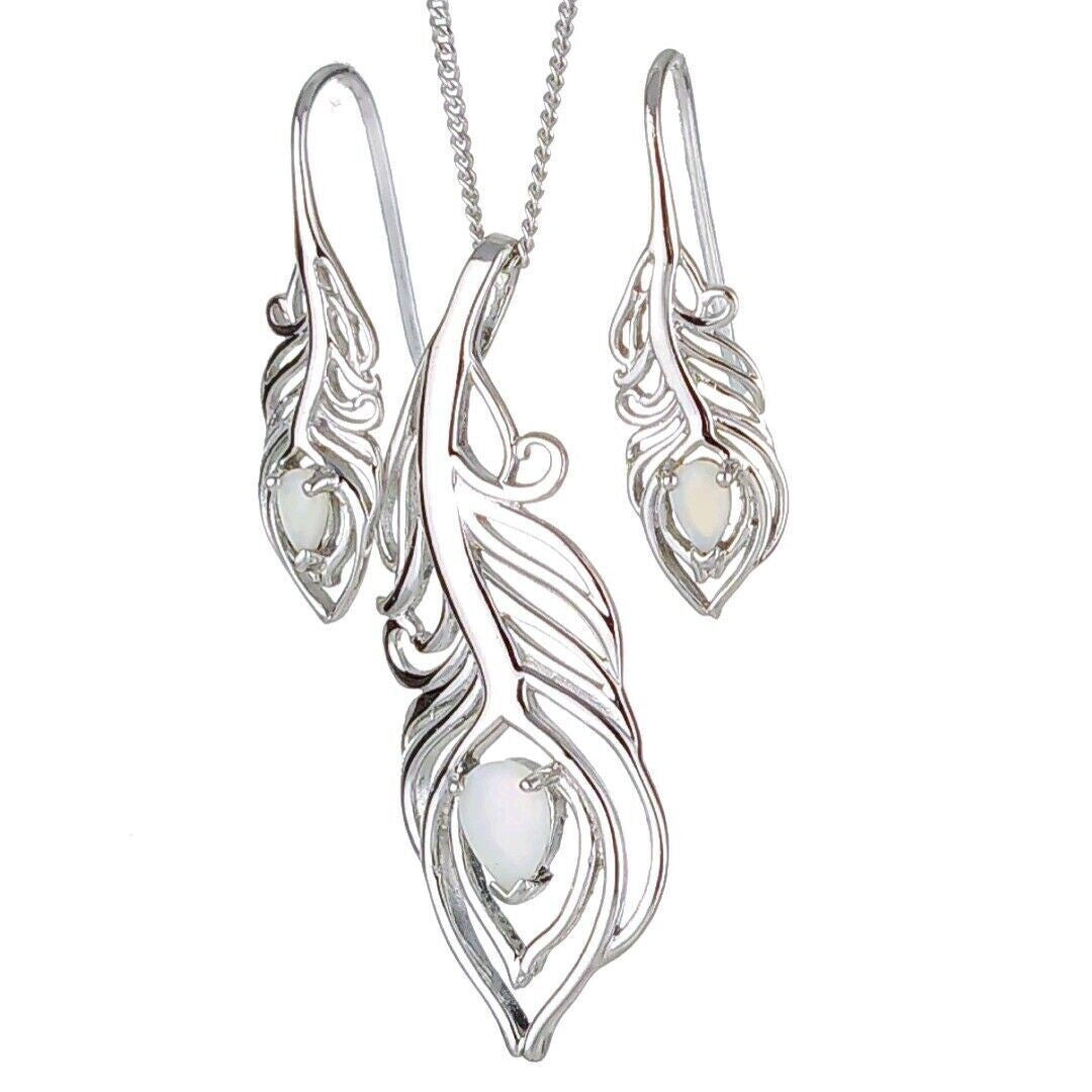 Opal Peacock Feather Jewellery Set in Sterling Silver