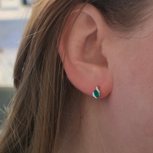 Sterling Silver Earrings Stud Onyx Green Oval Contemporary