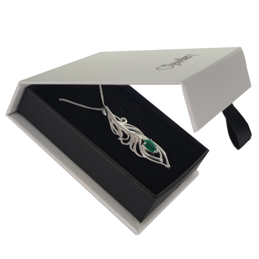 Green Onyx Peacock Feather Necklace in Sterling Silver