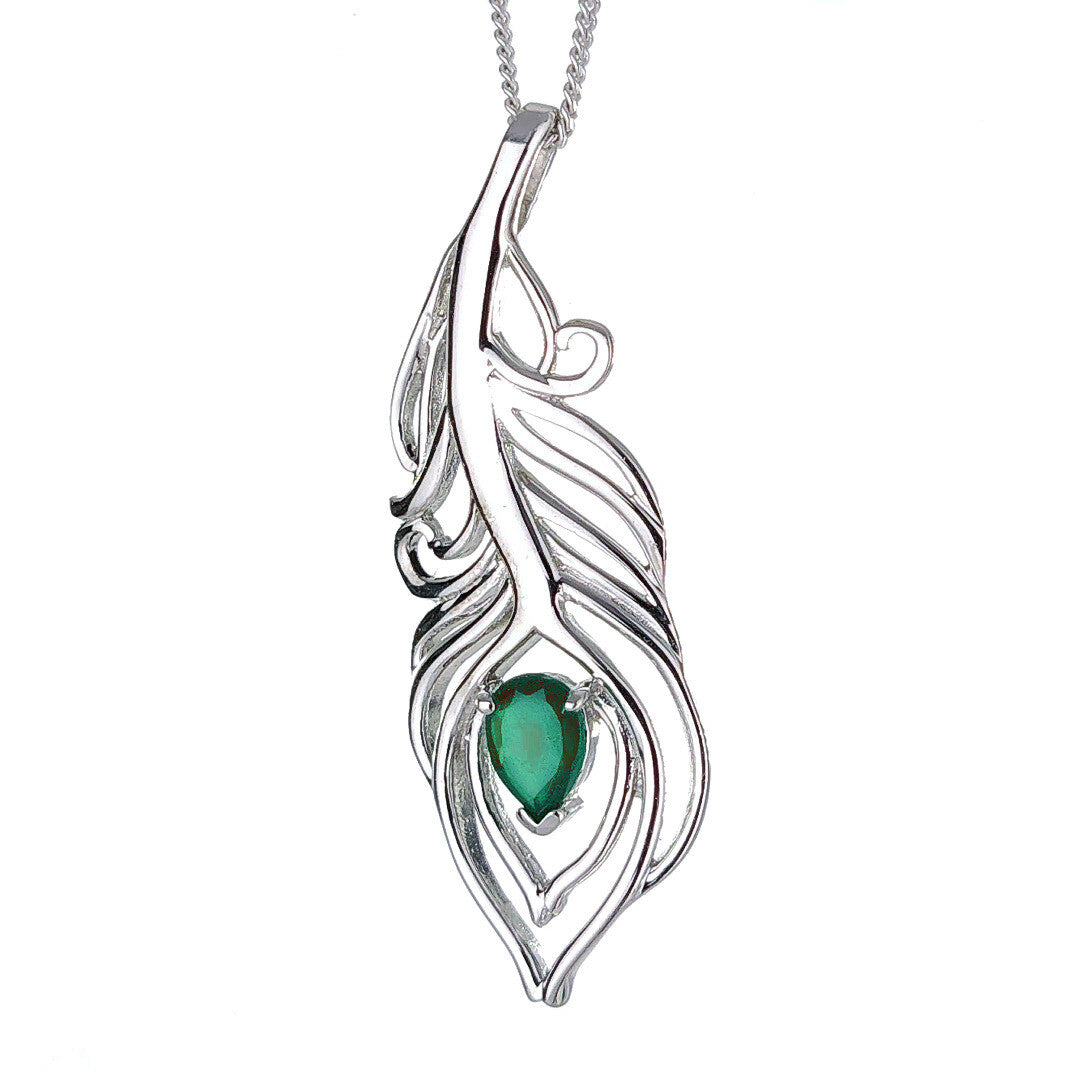 Green Onyx Peacock Feather Necklace in Sterling Silver