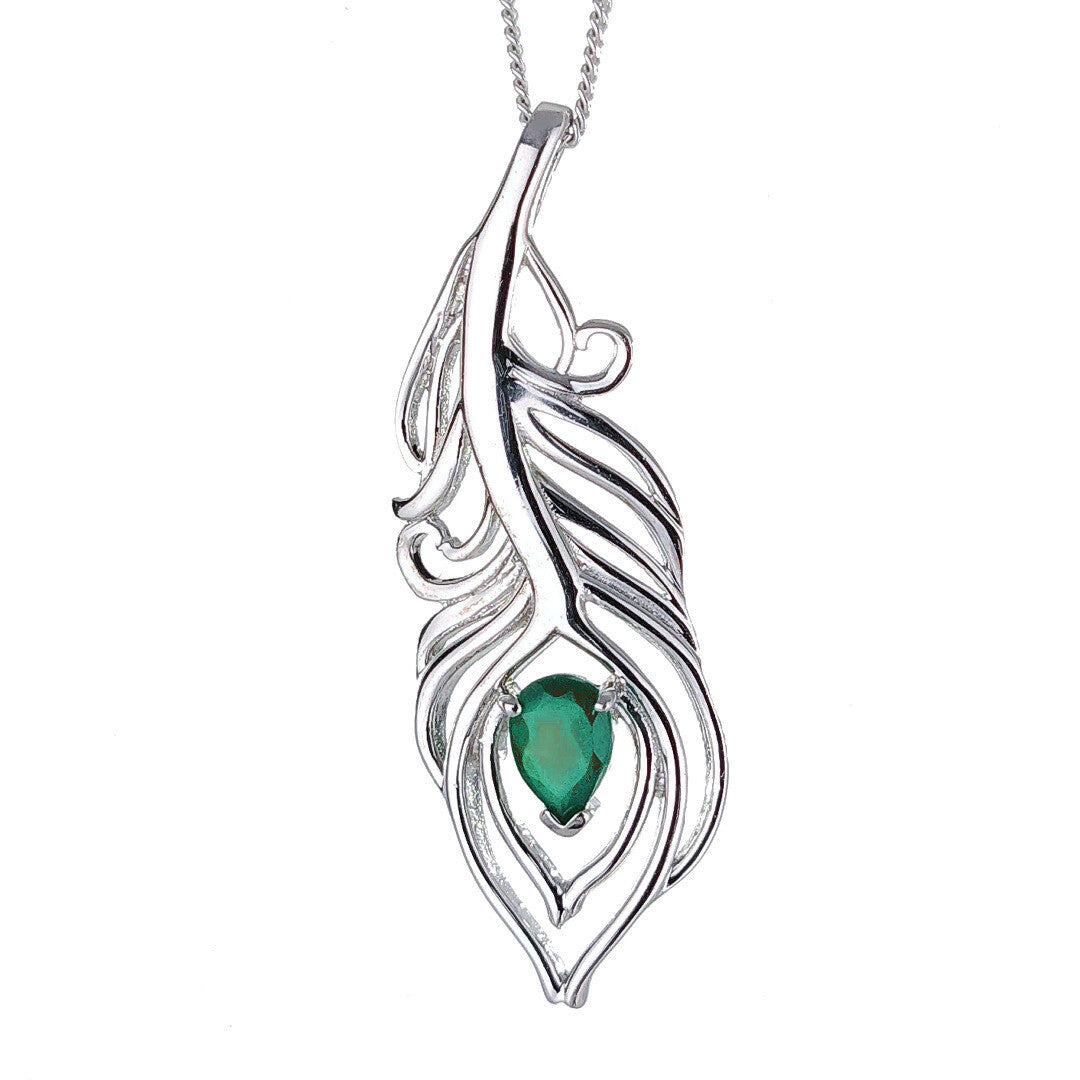 onyx green necklace peacock feather pendant sterling silver may birthstone designed in the UK