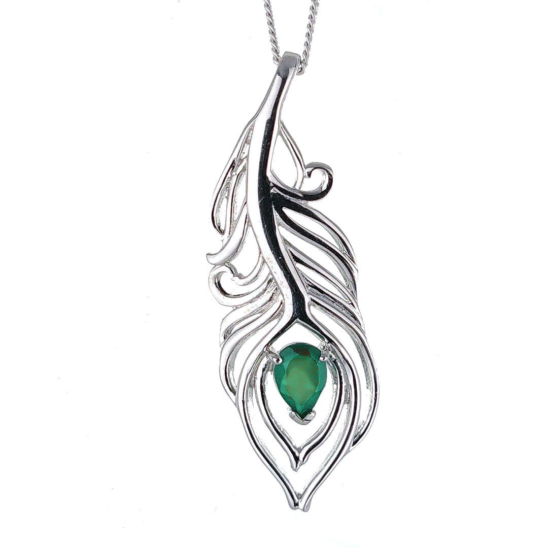 Green Onyx Peacock Feather Necklace in Sterling Silver