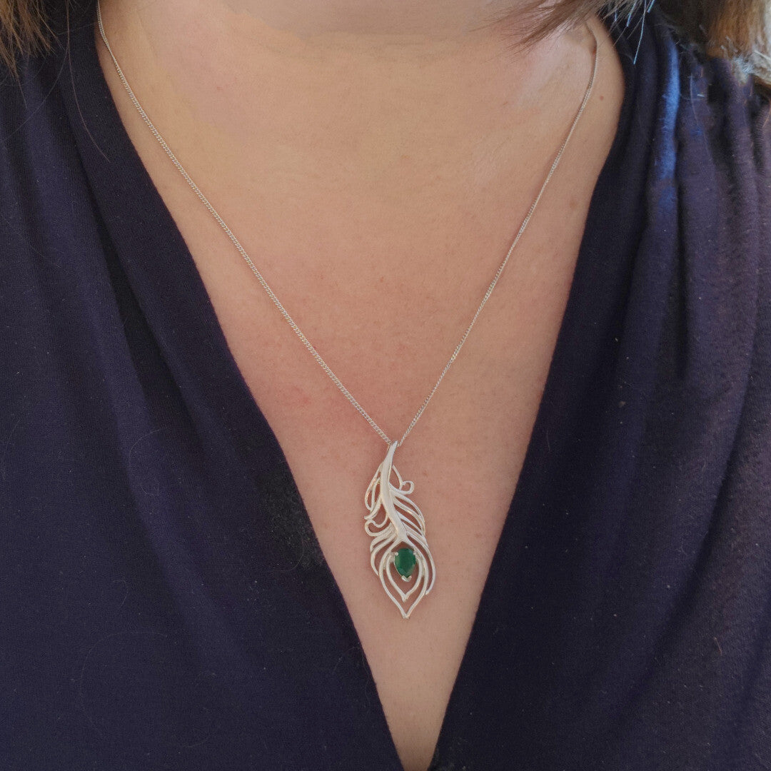 Green Onyx Peacock Feather Necklace in Sterling Silver