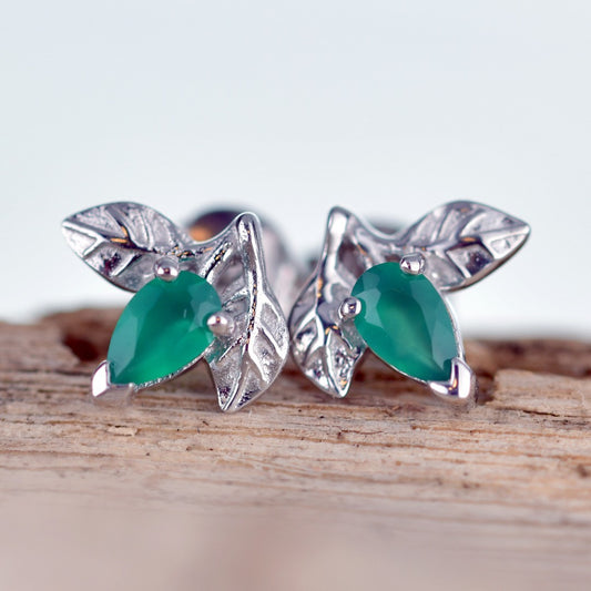 Onyx Green Earrings Sterling Silver Leaf Studs May Birthstone