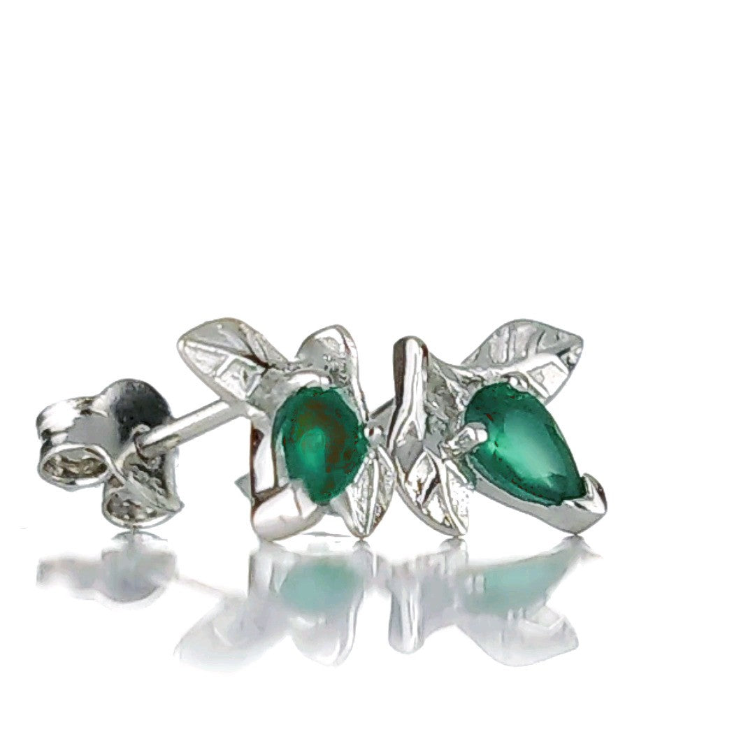 Onyx Green Earrings Sterling Silver Leaf Studs May Birthstone