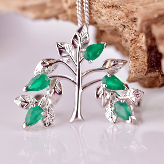 Onyx Green Necklace Earring Set 1.25ct Pear Tree of Life Leaves Sterling Silver