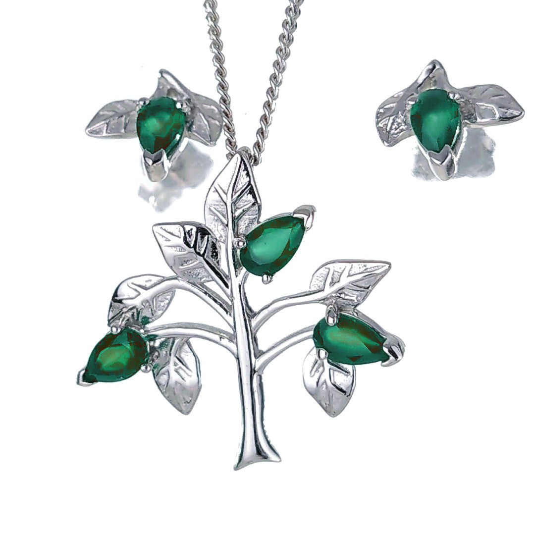 Onyx Green Necklace Earring Set 1.25ct Pear Tree of Life Leaves Sterling Silver