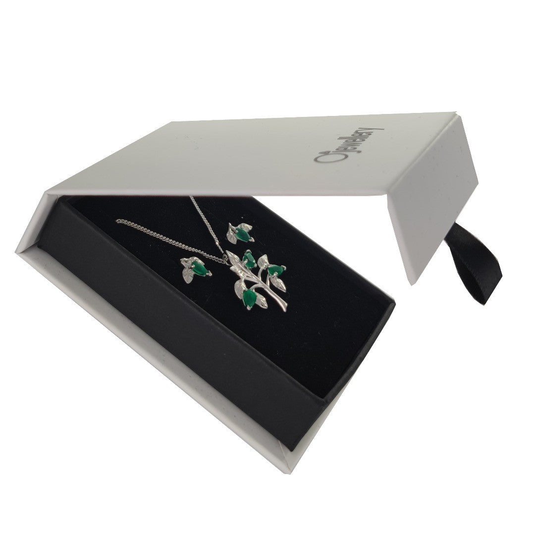 Onyx Green Necklace Earring Set 1.25ct Pear Tree of Life Leaves Sterling Silver