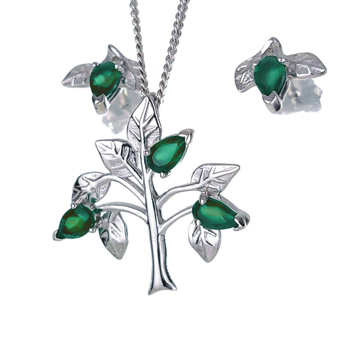 Onyx Green Necklace Earring Set 1.25ct Pear Tree of Life Leaves Sterling Silver