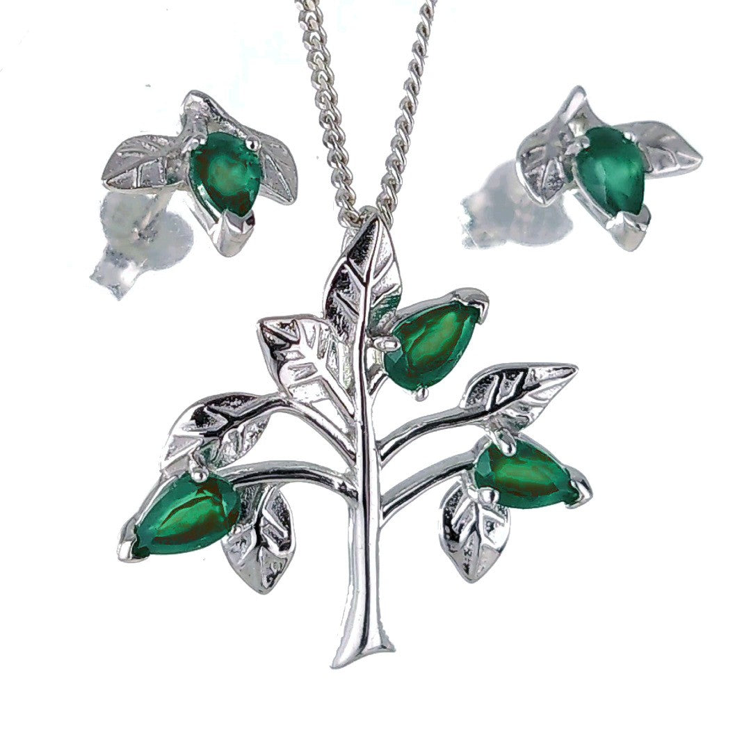 Onyx Green Necklace Earring Set 1.25ct Pear Tree of Life Leaves Sterling Silver