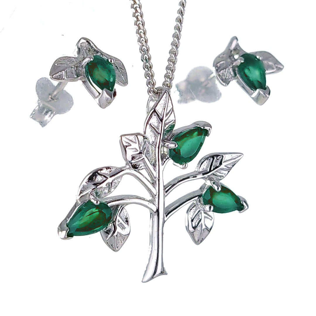 Onyx Green Necklace Earring Set 1.25ct Pear Tree of Life Leaves Sterling Silver