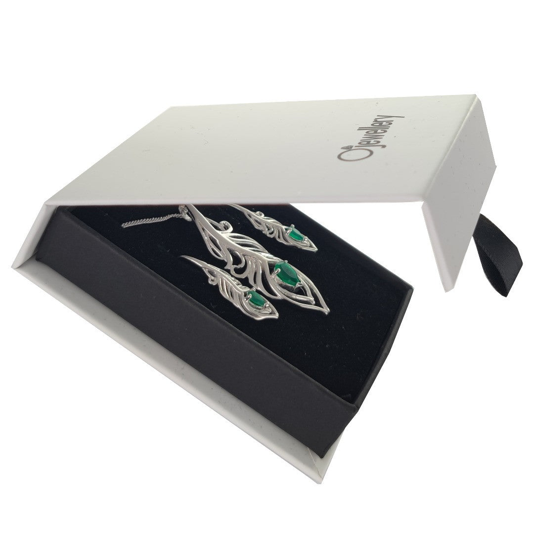 Sterling Silver Onyx Green Set Peacock Feather May Birthstone